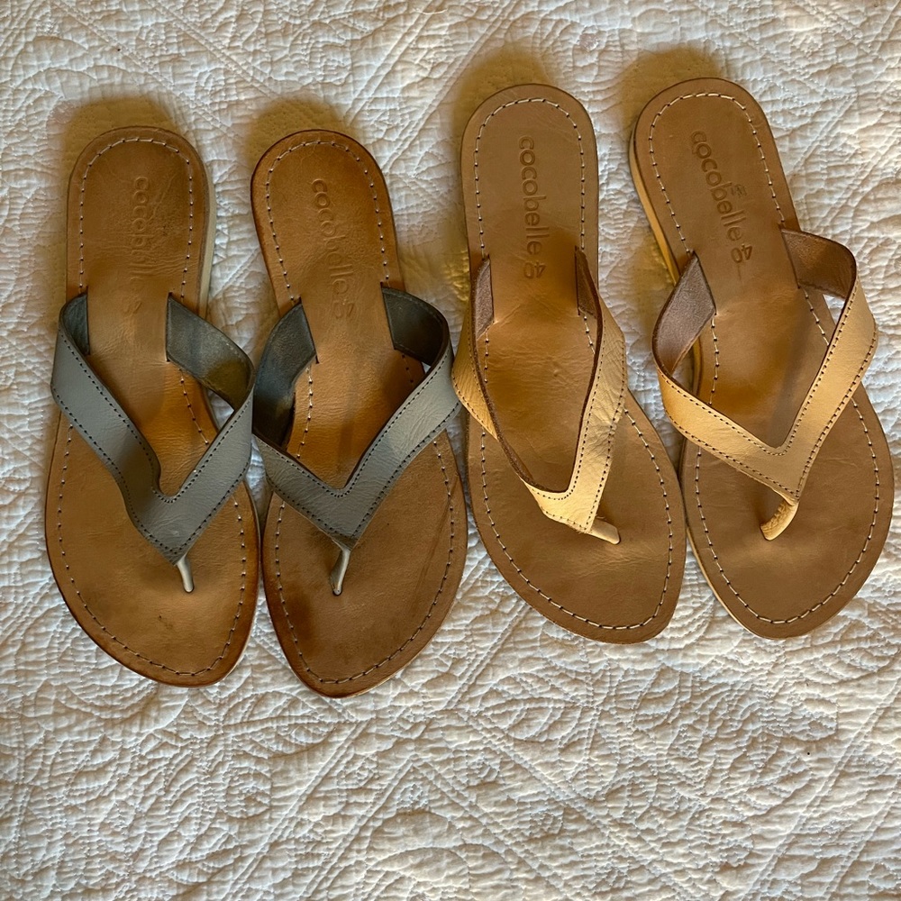 Lot of 2 pairs of Cocobelle leather flip flops. One natural one gray